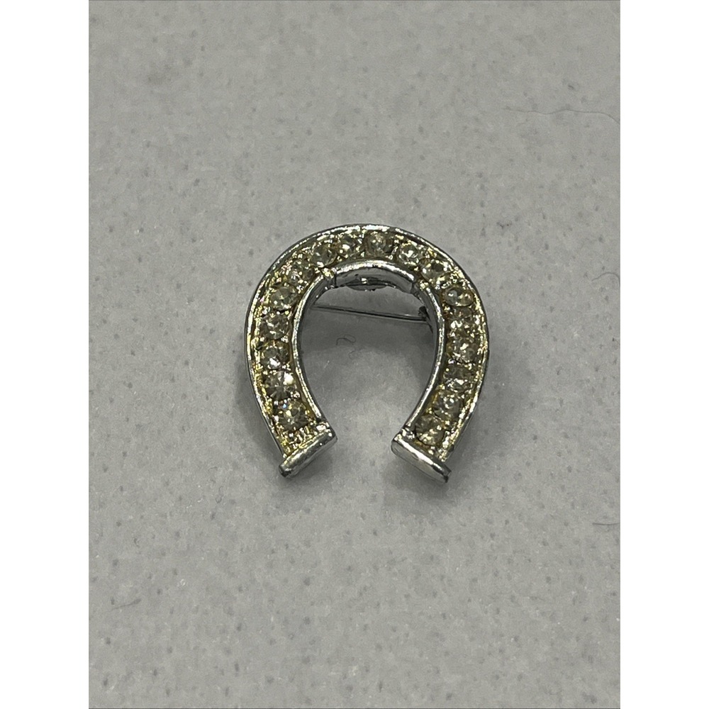 Lapel Brooch Pin Lucky Horseshoe Clear  Rhinestones Silver Tone